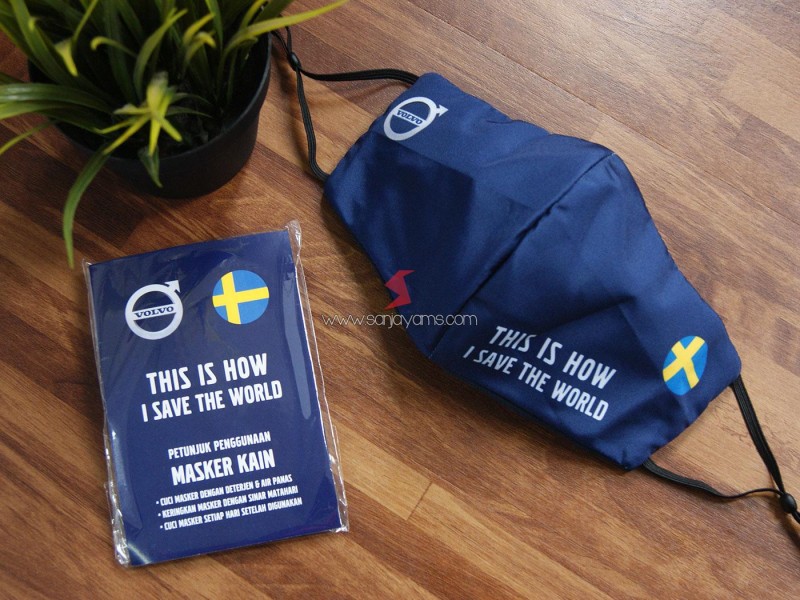 Cetak Masker Kain Printing Premium Volvo dengan Stopper